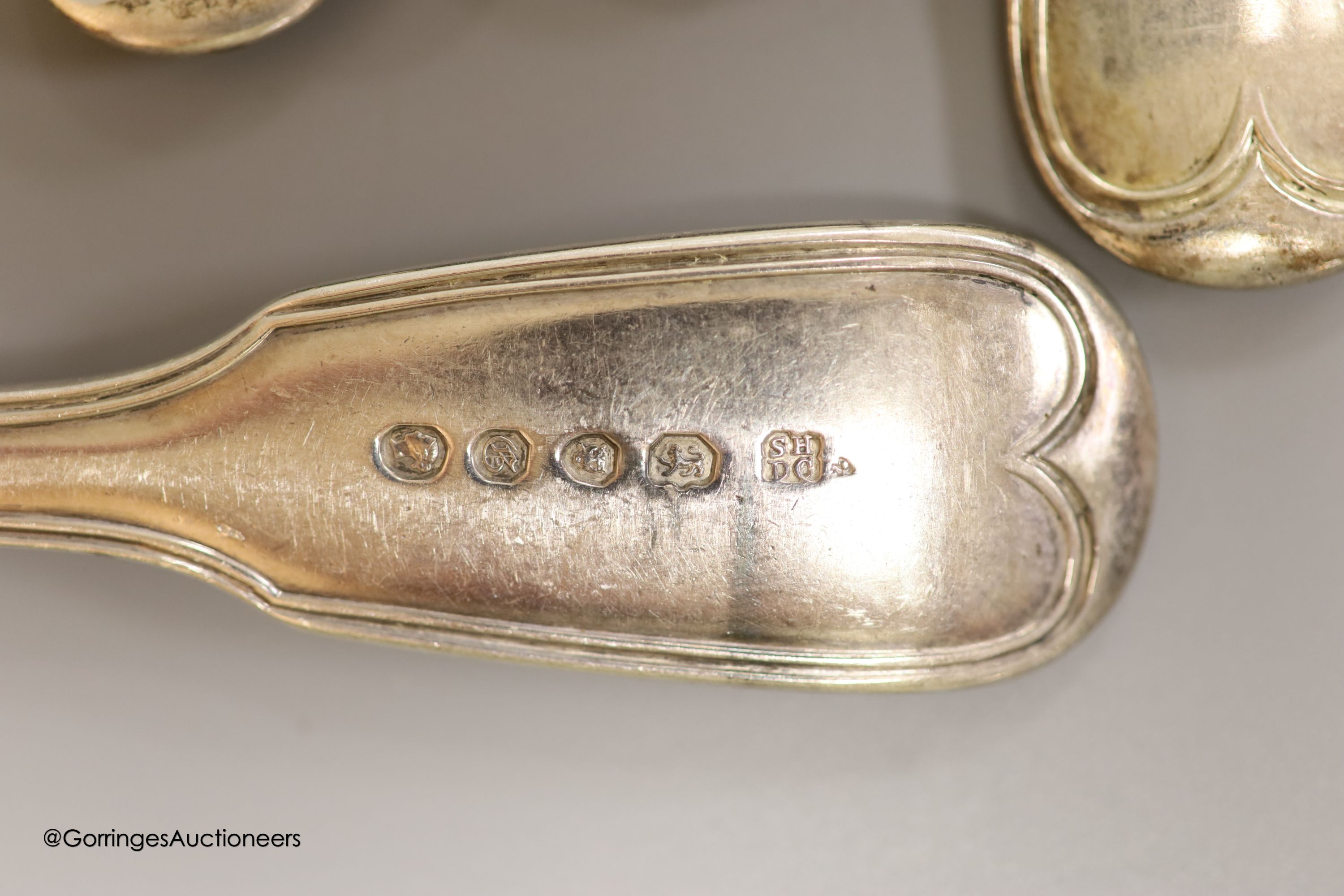 A part canteen of Victorian silver fiddle and thread pattern flatware, comprising thirty items, Hayne & Cater, London, 1842/3